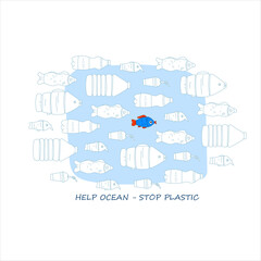 a lonely blue fish swims among plastic bottles that look like fish