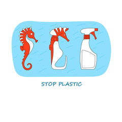 a red little seahorse turns into a plastic detergent bottle