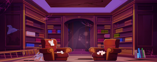 Abandoned dirty library room with bookshelf vector background. Interior with bookcase and torn armchair at public vintage education hall. Spider web on wall and furniture in retro literature store © klyaksun