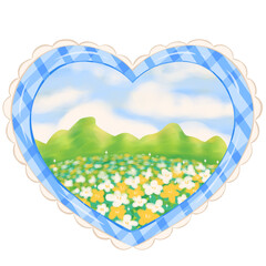 Mirror heart shaped reflect the image of sky, cloud, mountain and field of flowers 