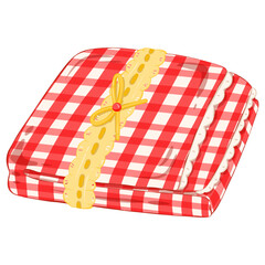 Red gingham picnic blanket with yellow ribbon 