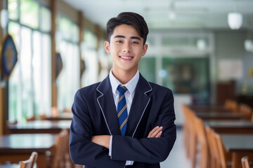Happy teenage high school asian boy wearing school uniform smiling in the class room - obrazy, fototapety, plakaty