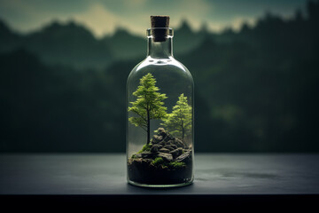 Obraz premium Nature in a bottle with view of a forest inside a glass jar on simple background