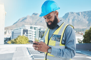 Engineering man, solar panels and phone in energy saving, sustainability and project management or communication. Electrician or african person on mobile, eco friendly installation and city rooftop