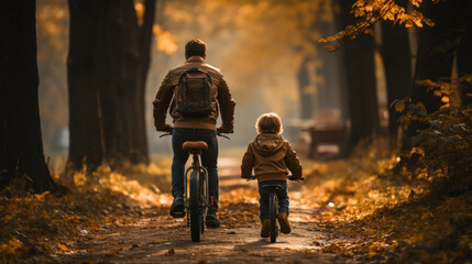Rear view of a boy riding a bicycle whit his father next to him. Father teaching his son to ride a bicycle. - Powered by Adobe
