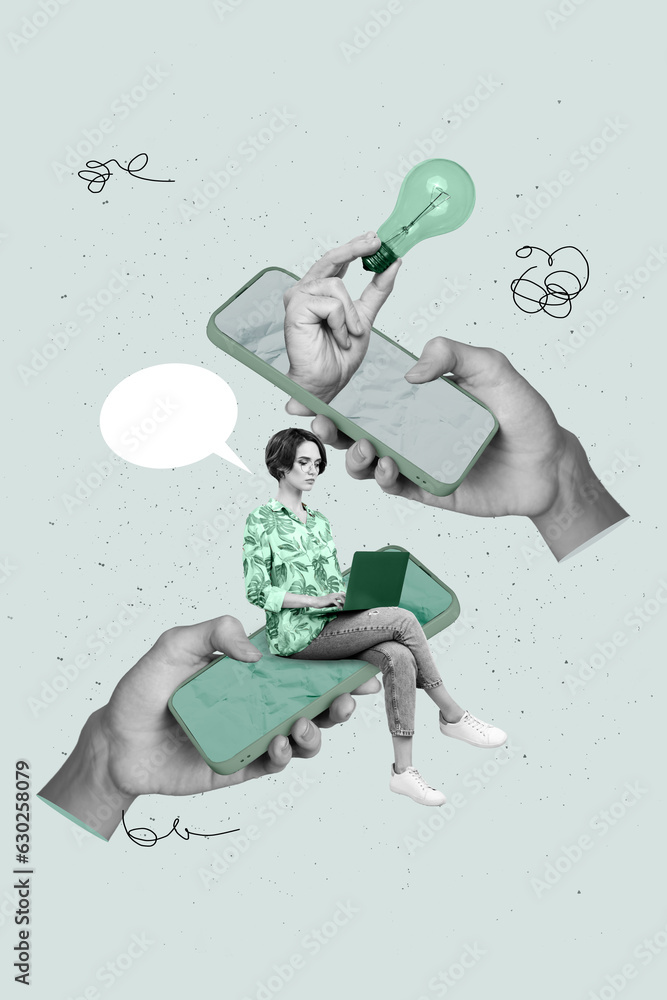 Poster vertical collage of black white effect arms hold smart phone display mini girl sit use netbook commu