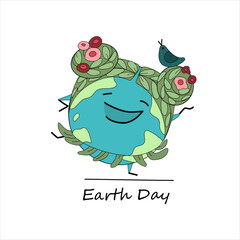 dancing character in the image of a planet. Hairstyle with woven flowers and a singing bird in the hair.
