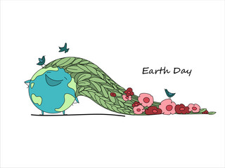 dancing character in the image of a planet. Hairstyle with flowers woven into the hair and birds flying around.