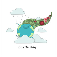 Cheerful character in the image of the planet. Sits on clouds and bathes in raindrops.