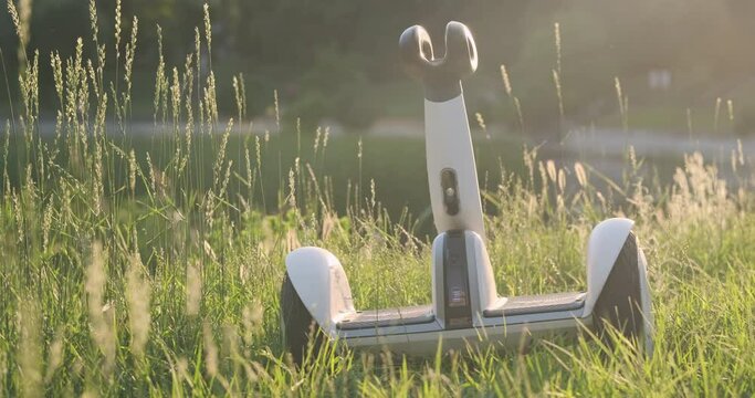 Electric hoverboard, gyroscooter stands among tall green grass in setting sun. Panning, panorama, personal electric transport self-balancing.