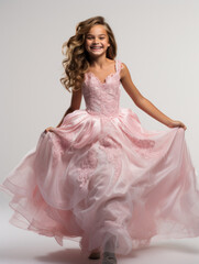 10-year-old girl dressed in pink princess dress playing princess laughing happily at the camera, isolated on plain white background