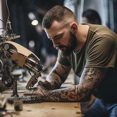 A man-maker with beard and tattoo in khaki T-shirt using a tool during work