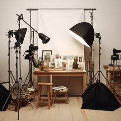 Photography studio. Photo of professional photographer studio with arrangement of professional photographer equipment