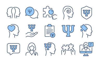 Psychology and mental health blue editable stroke outline icons set isolated on white background flat vector illustration. Pixel perfect. 64 x 64.