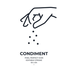 Sprinkling hand gesture. Condiment, salt, sugar, spices editable stroke outline icon isolated on white background flat vector illustration. Pixel perfect. 64 x 64.