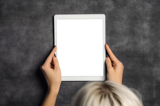 A Transparent screen tablet mockup, businessman and businesswoman, business office setting, tablet using in an office meeting