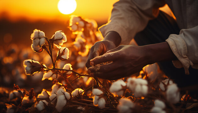 Recreation of hands of worker picking cotton in harvest at sunset. Illustration AI
