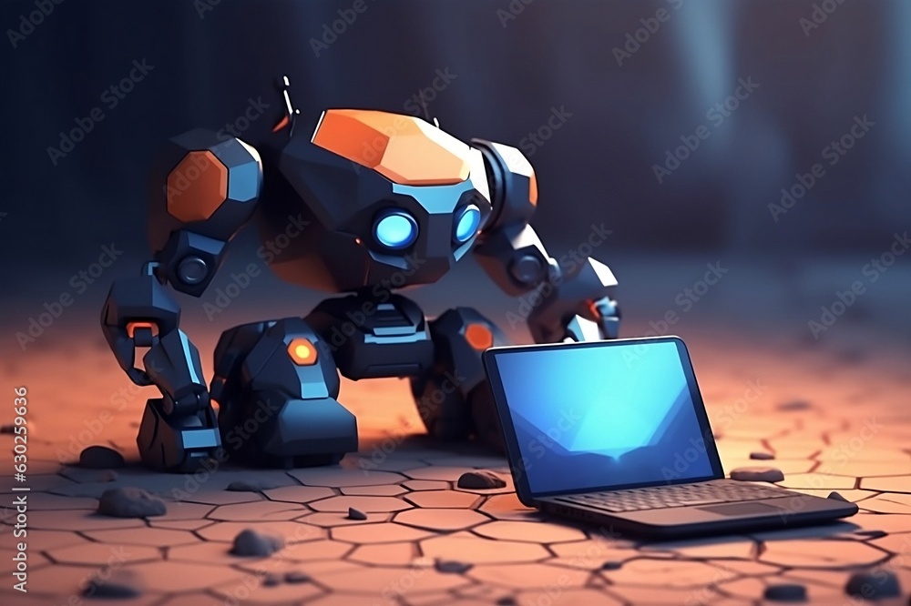 Poster robot ai control laptop with 3d render image graphic, generative ai