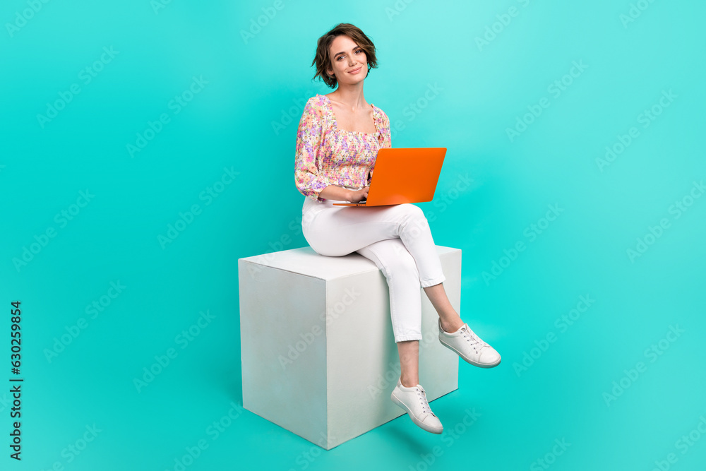 Poster full length portrait of gorgeous person sit podium cube use wireless netbook coworking isolated on t