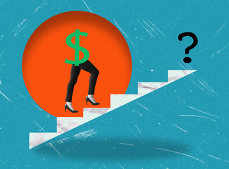 Modern art collage featuring a girl and a dollar sign climbing a ladder symbolizing financial...