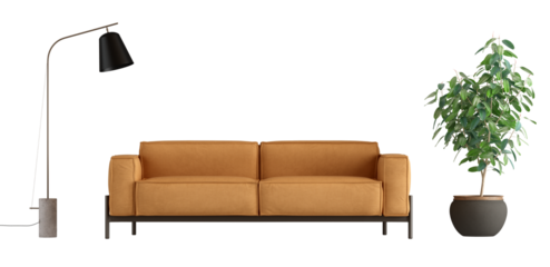 Livng room set  on trasparent background with leather sofa,floor lamp and houseplant - 3d rendering
