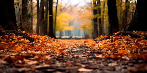 paths leading to a distant forest, crossed by falling leaves. Generative AI