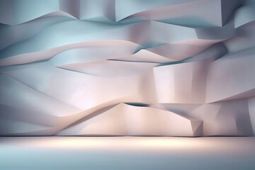 水色とオレンジの光に照らされるグレーの幾何学的な壁がある抽象的な空間。AI生成画像