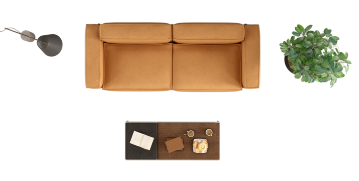 High angle view of a leather sofa ,floor lamp,coffee table and houseplant  on trasparent background - 3d rendering