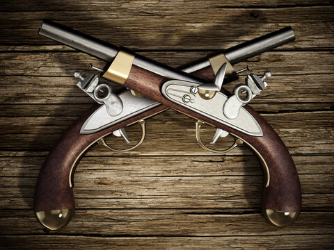 Crossed flintlock pistols on old wooden background. 3D illustration