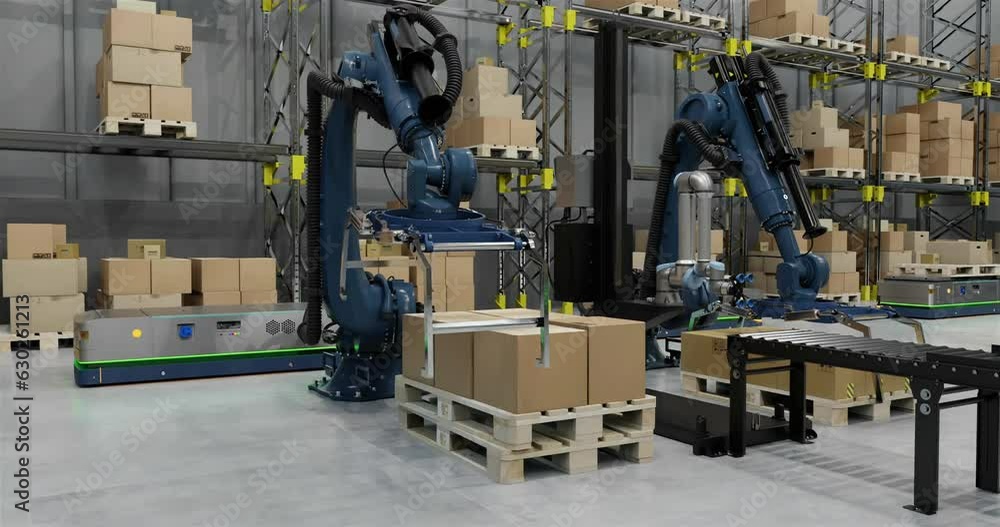 Poster animation of robots and drones working in warehouse