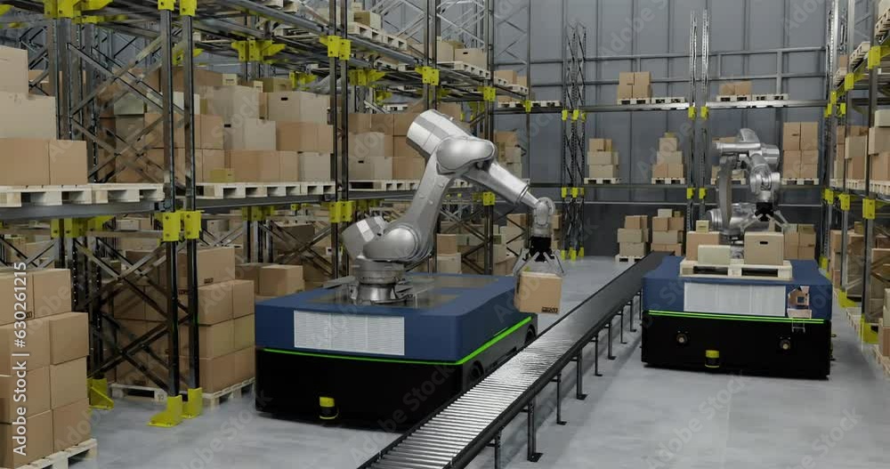 Poster animation of robots and drones working in warehouse