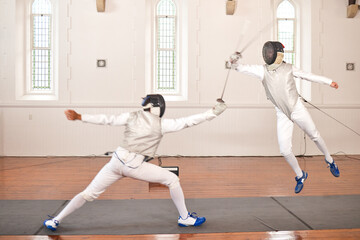 Sport, fencing and men with sword to fight in training, exercise or workout in a hall. Martial...