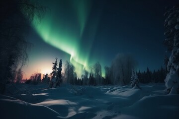 Northern lights beautiful landscape in the forest. Magic night background