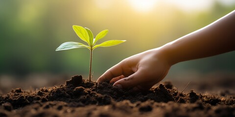hand holding young plant sapling for planting on soil behind nature background at sunny day, world environment day, Generative AI - Powered by Adobe