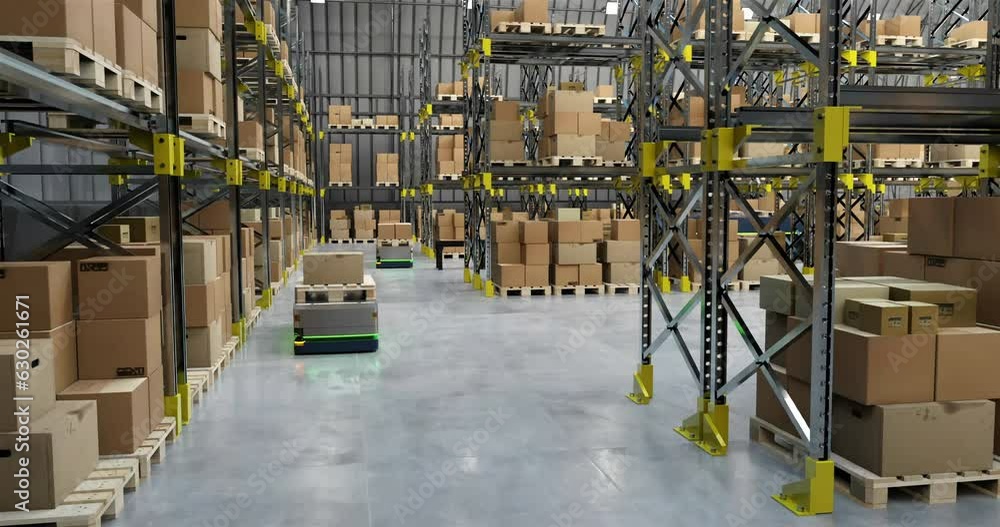 Poster animation of robots and drones working in warehouse