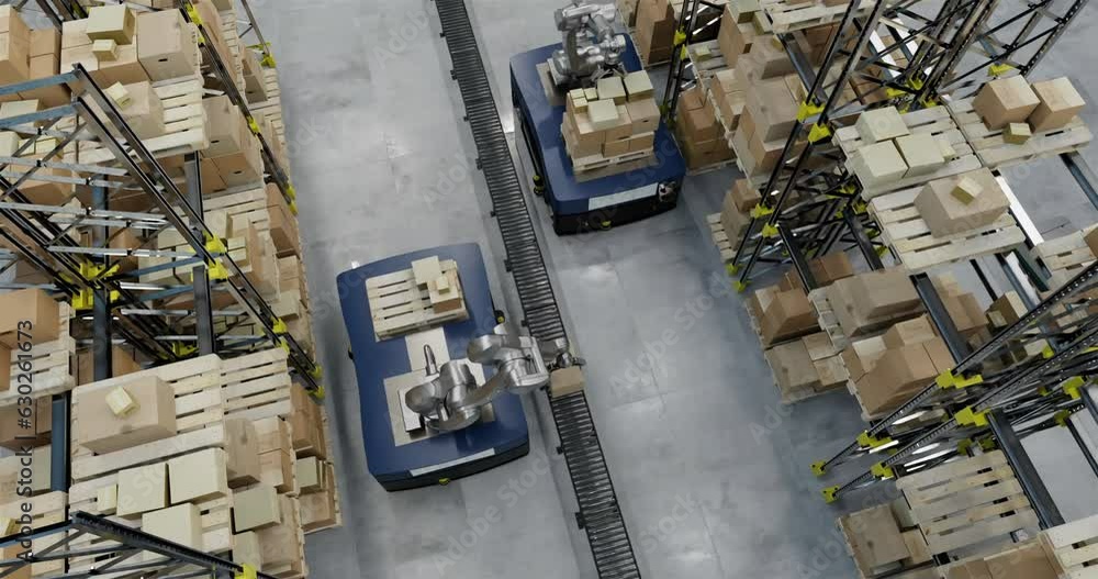 Aufkleber animation of robots and drones working in warehouse