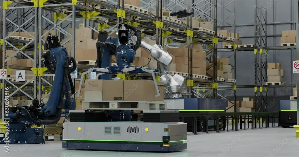Poster animation of robots and drones working in warehouse