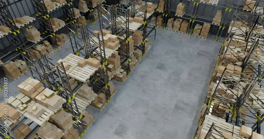 Poster animation of drone view of stacks of boxes in warehouse