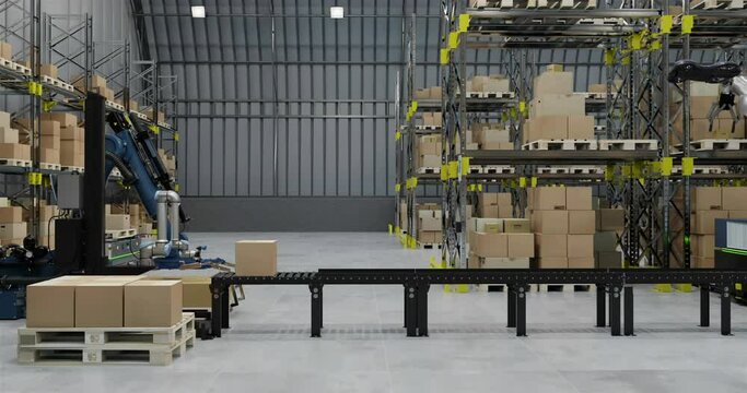 Animation of robots and drones working in warehouse
