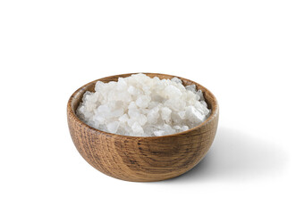 Sea salt in wooden bowl on white background