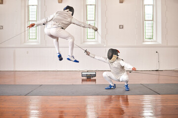 Fencing, sports and people fight, jump and training, fitness or workout for energy with epee sword...