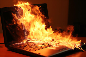 A dramatic and intense scene of a laptop engulfed in flames, illustrating the concept of pressure, urgency, or danger in the digital age. Ai generated