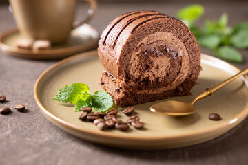 Chocolate roll cake on a plate. Chocolate dessert with coffee.