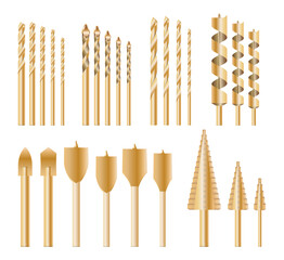 set of realistic metallic drill bits or metal work steel tools. 3D render