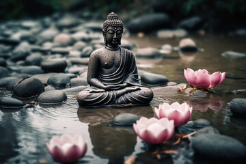 Serenity and tranquility of a Buddha statue seated in the lotus position on a peaceful river, with stones and a beautiful pink lotus flower, symbolizing inner peace and enlightenment. Ai generated