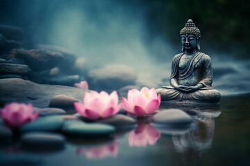 Serenity and tranquility of a Buddha statue seated in the lotus position on a peaceful river, with stones and a beautiful pink lotus flower, symbolizing inner peace and enlightenment. Ai generated