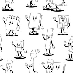Vector seamless pattern with cartoon retro mascots monochrome illustrations of walking stationery - pencil, book, brush and notebook. Vintage style 30s, 40s, 50s old animation. - 630263817
