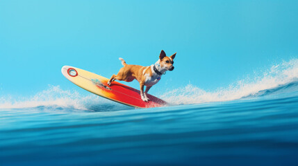 Surfing Dog. Colorful. Empty Copy space on the side. Generative AI. 