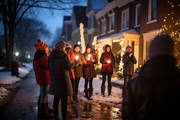 blury group of carolers singing classic Christmas songs, spreading holiday cheer in the neighborhood and a lot of people also blurry a walking quick like a timelapse - Generative AI