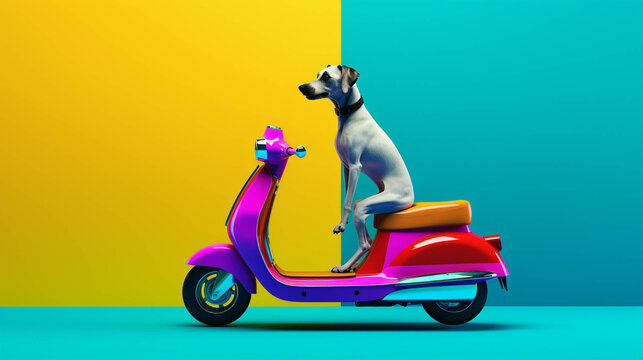 Scootering Dog. Colorful. Empty Copy space on the side. Generative AI. 